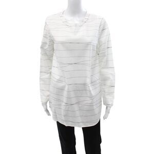 Lisa Perry Women Tunic Blouse White Striped Long Sleeve Zip Size 10
